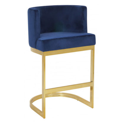 An Image of Lauro Blue Velvet Bar Chair With Gold Stainless Steel Legs