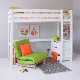 An Image of Buddy Childrens Beech Highsleeper Loft Bed With Chest of Drawers and Futon Chair Bed