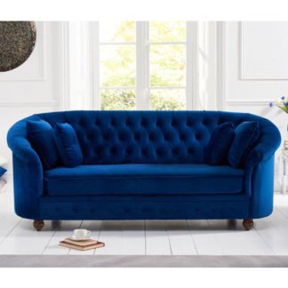An Image of Casiop Chesterfield Plush Fabric 3 Seater Sofa In Blue