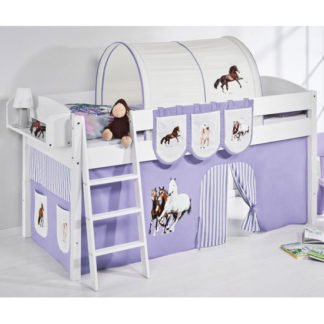 An Image of Lilla Children Bed In White With Horses Purple Curtains