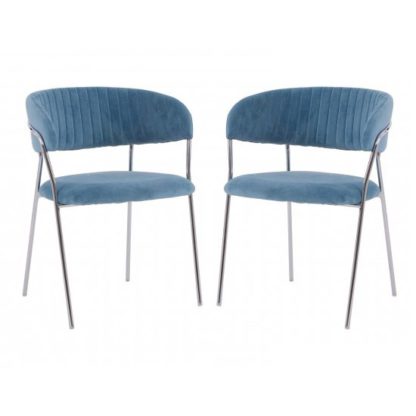 An Image of Tamzo Blue Velvet Upholstered Dining Chairs In Pair