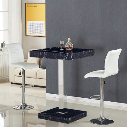 6ed86361c394453b484dc6babdd1ecdfd49d9bd5c5c09606338e06f5b5e6edfd.jpg An Image of Topaz Gloss Black Milano Effect Bar Table 2 Ripple White Stools