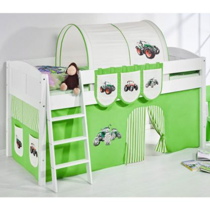 6fe1382111dfa2f2b50475a0e72a2fb755b9338236157175930e6dcb5a7c8c68.jpg An Image of Hilla Children Bed In White With Tractor Green Curtains