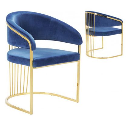 An Image of Longi Blue Velvet Dining Chair In Pair With Gold Legs