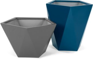 An Image of Baloo Set Of Two Geometric Tall Fibreglass Planters, Grey and Blue