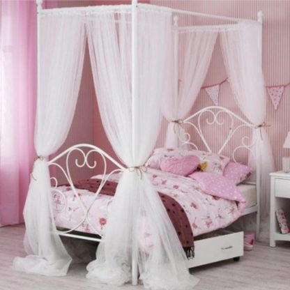 787b4f9af8d40a79a793cd81f7f28d2a535a95dc3c34c469373b6f7cb9f7218b.jpg An Image of Isabelle Four Poster Metal Single Bed In White Gloss