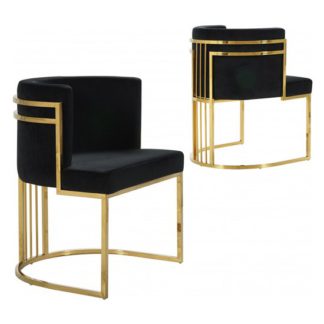 An Image of Casoli Black Velvet Dining Chairs In Pair With Gold Legs