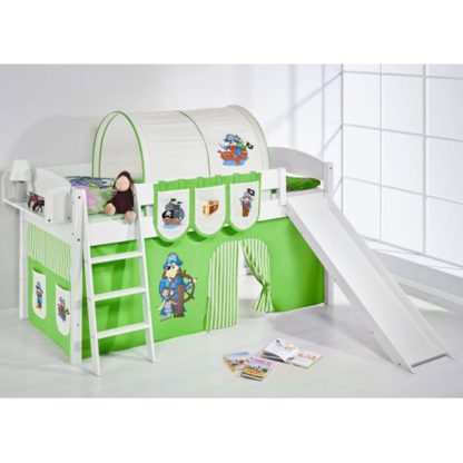An Image of Lilla Slide Children Bed In White With Pirate Green Curtains