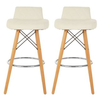 An Image of Porrima White Faux Leather Bar Stools With Natural Legs In Pair