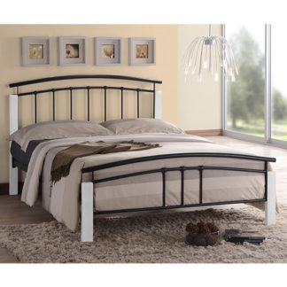 An Image of Tetron Metal Single Bed In Black With White Wooden Posts