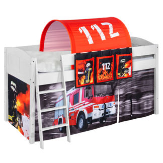 An Image of Hilla Children Bed In White With Fire Department Curtains