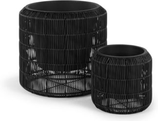 An Image of Nadda Set Of Two Round Polyrattan Plant Stands, Black