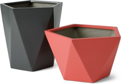 An Image of Baloo Set of 2 Geometric Tall Fibreglass Planters, Coral Pink & Dark Grey
