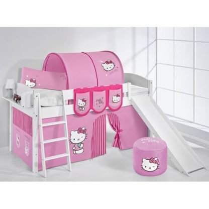 An Image of Lilla Slide Children Bed In White With Kitty Pink Curtains