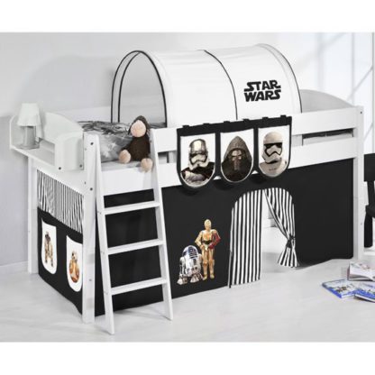 An Image of Lilla Children Bed In White With Star Wars Black Curtains