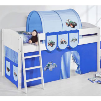 An Image of Hilla Children Bed In White With Tractor Blue Curtains