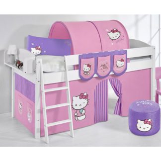 An Image of Lilla Children Bed In White With Kitty Purple Curtains