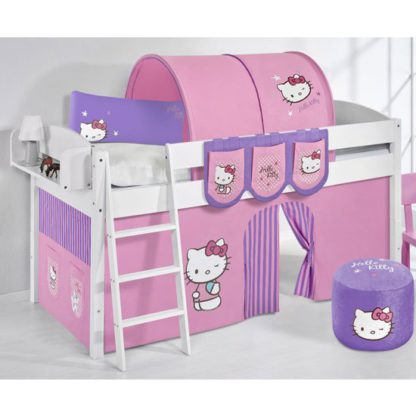 86f58e400071b4f8b328197bf04ddda8b0d2830a2c5d4083df6b1a3e2bd53e9f.jpg An Image of Lilla Children Bed In White With Kitty Purple Curtains