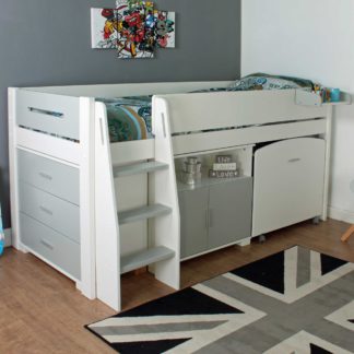 An Image of Urban Grey Childrens Midsleeper Bed with pull out Desk, Chest and Cupboard