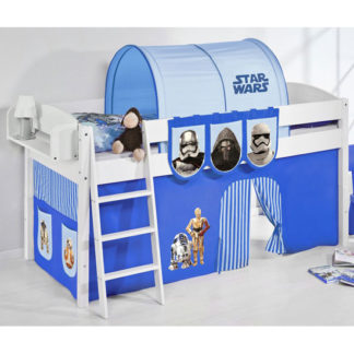 An Image of Lilla Children Bed In White With Star Wars Blue Curtains