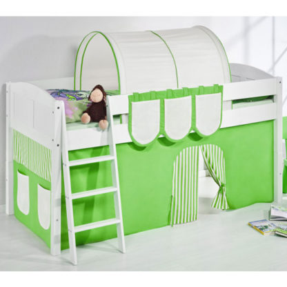 An Image of Hilla Children Bed In White With Green Curtains