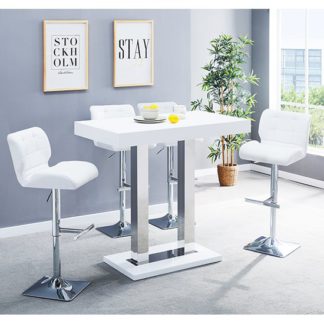 An Image of Caprice Glass Bar Table In White With 4 White Candid Stools