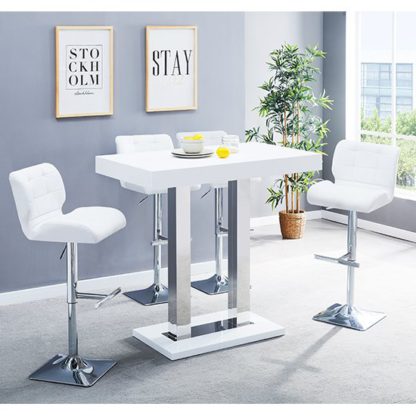89a3966f21833ba25bf518215ba04efa2e109d2f821aa91784734a2cca4b2b13.jpg An Image of Caprice Glass Bar Table In White With 4 White Candid Stools