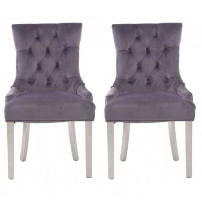An Image of Mintaka Grey Velvet Upholstered Dining Chairs In Pair