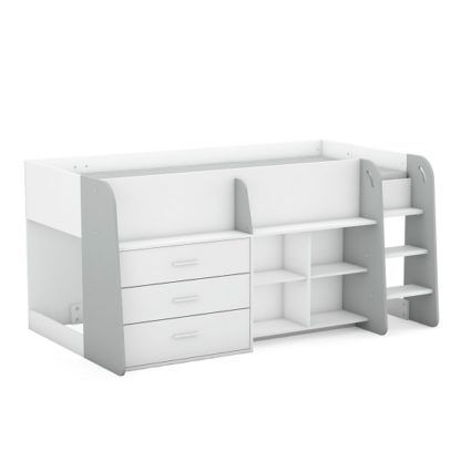 8ea7d098da526d4e33079334cd266ca8499fa3bf07f62cbcee02779a336a73b0.jpg An Image of Oxley Wooden Childrens Bed In Matt White And Light Grey