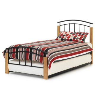 An Image of Tetras Metal Single Bed With Guest Bed In Black With Beech Post