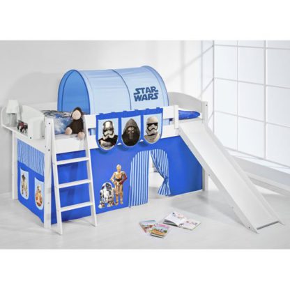 An Image of Lilla Slide Children Bed In White With Star Wars Blue Curtains