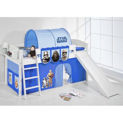 906d043d7c6601a26b48494dea78321e5565006a7c2b79eb9d648ff7c8ec1656.jpg An Image of Lilla Slide Children Bed In White With Star Wars Blue Curtains