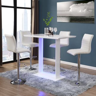 An Image of Atlantis White Gloss Bar Table With LED And 4 Ripple White Stool