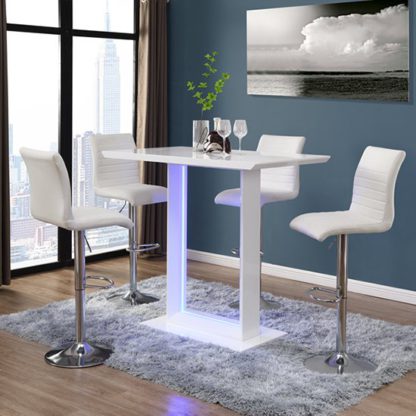 92355ebd69e4a2035d0ef4ef84a21df05f1526542590349eb5c51878a550301a.jpg An Image of Atlantis White Gloss Bar Table With LED And 4 Ripple White Stool