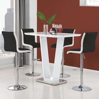 An Image of Ilko High Gloss Bar Table In White With 4 Ritz Black White Stool