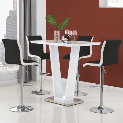 93c39c9ba9352a04079c2f2edbfb565560dc830d1a05705216fa18adf4ce36dc.jpg An Image of Ilko High Gloss Bar Table In White With 4 Ritz Black White Stool