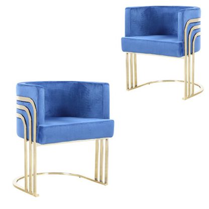 An Image of Lula Blue Velvet Dining Chairs In Pair With Gold Legs