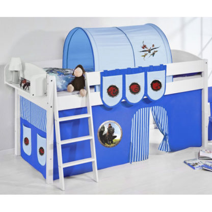 An Image of Lilla Children Bed In White With Dragons Blue Curtains