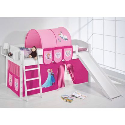 98bdd2bf87a97fc796375d81cff291a99c26a6a98a2f2aad001c183f0b11cb60.jpg An Image of Lilla Slide Children Bed In White With Frozen Pink Curtains