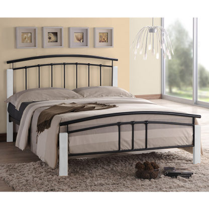 An Image of Tetron Metal Small Double Bed In Black With White Wooden Posts