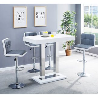 An Image of Caprice Glass Bar Table In White With 4 Grey White Copez Stools