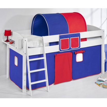 An Image of Lilla Children Bed In White With Blue Red Curtains