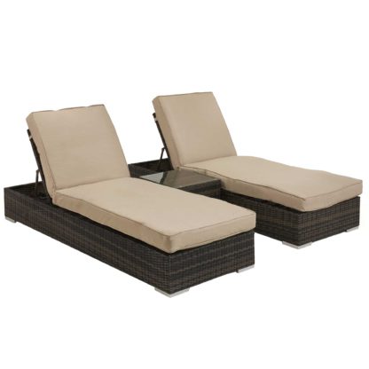 a286d768ecfbc442a9a1c8aaf949319bc0d849cf04cdb9905929fec83c3edc53.jpg An Image of Ingrid Garden Sun Lounger Set in Brown Weave and Beige Fabric