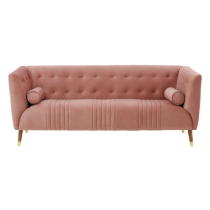 a45576e73e903c14fc79026937710715dd09dc0935bd06acd98934057360041e.jpg An Image of Victoria Velour Fabric 3 Seater Sofa In Pink With Oak Legs