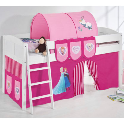 a63d9327d8fadd6d266e94e0a3ecc9eef841498f4ba2805d81579453c763ee19.jpg An Image of Hilla Children Bed In White With Frozen Pink Curtains