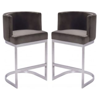 An Image of Lauro Grey Velvet Bar Chairs In Pair With Silver Legs