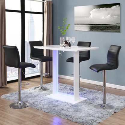 An Image of Atlantis White Gloss Bar Table With LED And 4 Ripple Black Stool