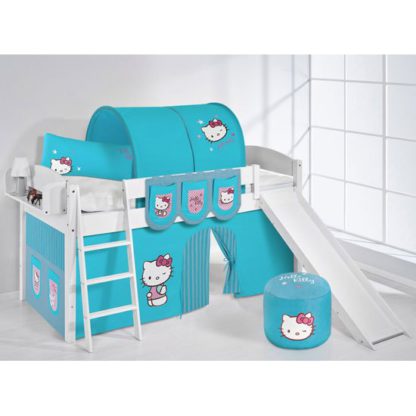 An Image of Lilla Slide Children Bed In White With Kitty Turquoise Curtains