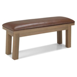 An Image of Albas Brown Leather Dining Bench In Planked Solid Oak Frame