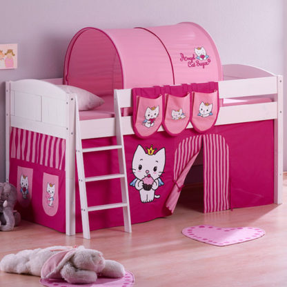 An Image of Hilla Children Bed In White With Angel Cat Sugar Curtains